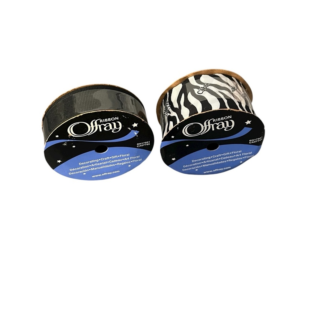 VTG Offray Ribbon Lot of 2 Zebra Print Wired & Grosgrain Black Ribbon NOS USA